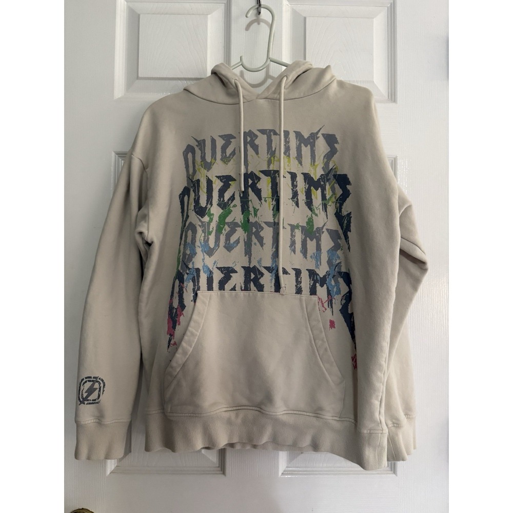 Overtime Cream Hoodie Size M 160909 Paint Spatter Name Streetwear Y2K  Grunge